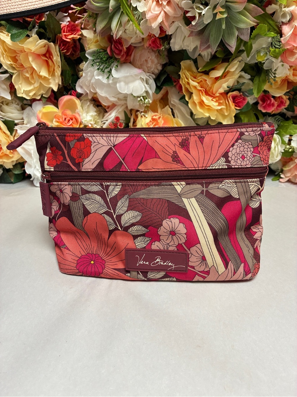 Vera Bradley Lighten Up Bohemian Blooms Cosmetic Case Red Pink Floral Retired